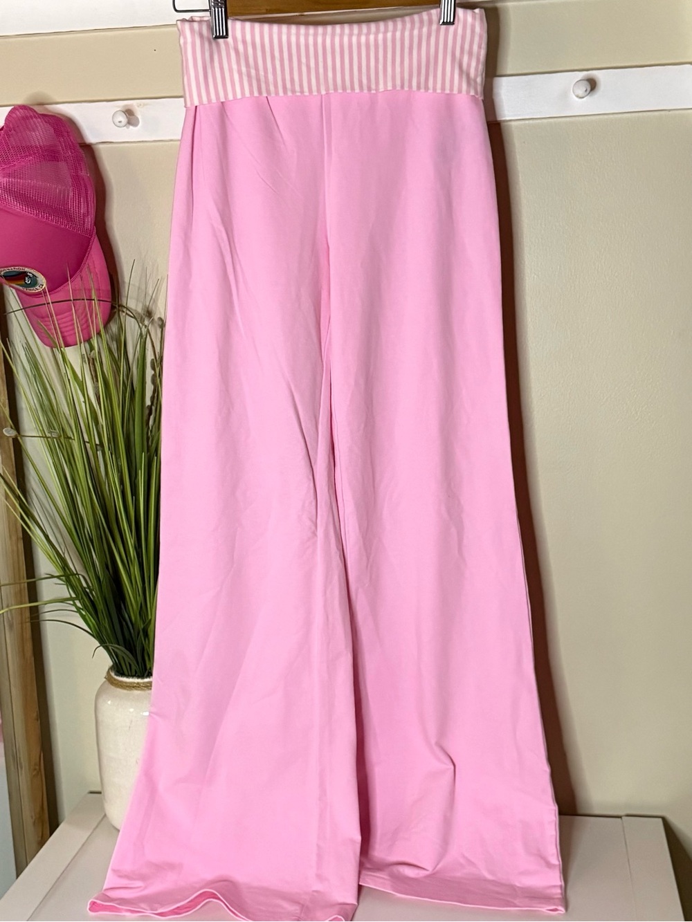 Ediked Pink Meshey Wide Leg Small Striped Foldover White 33” Inseam Pants